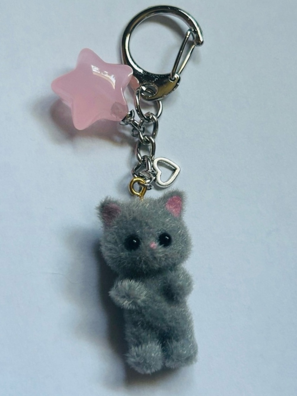 Grey Kitty Keychain with Pink Star Charm Key Chain